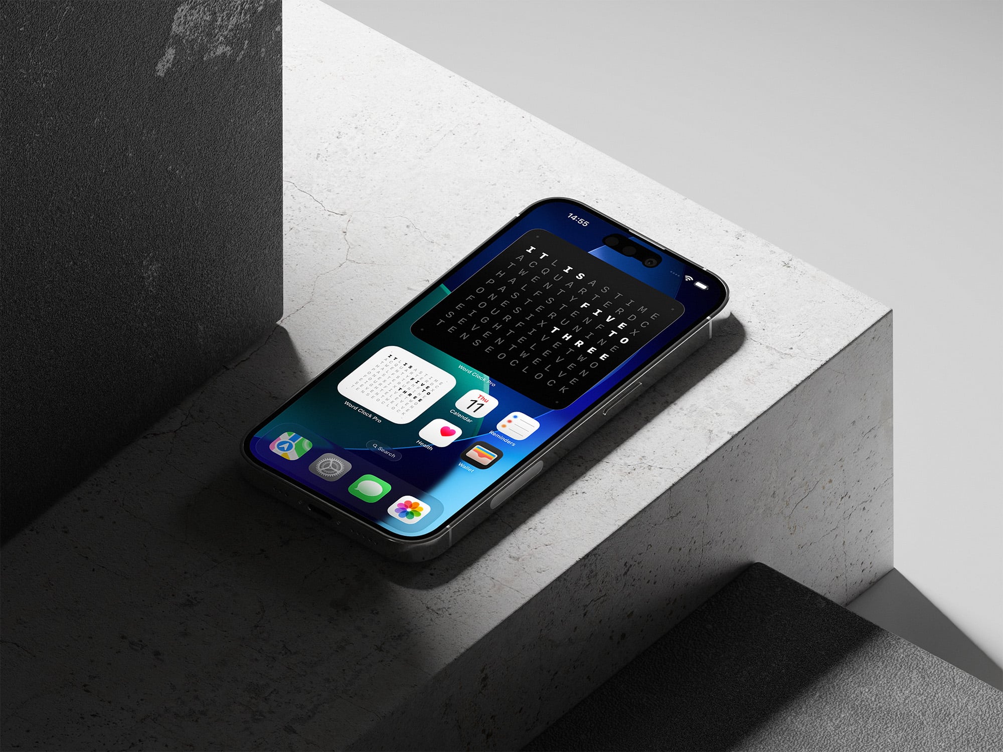 Word Clock Pro widgets in multiple sizes, themes, and languages.