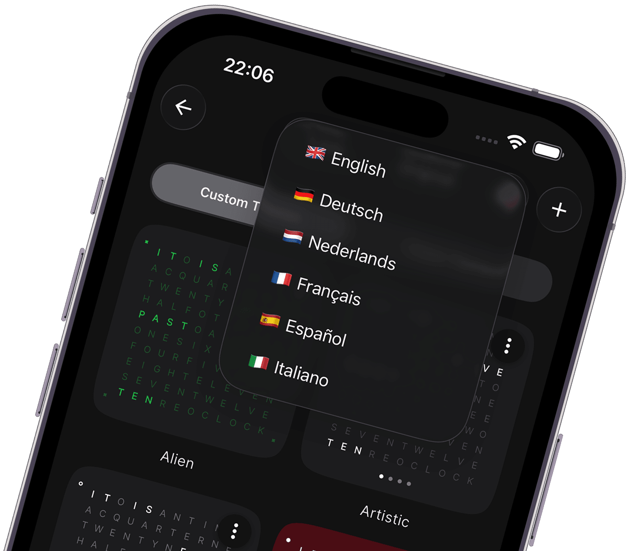 Word Clock Pro language picker on iPhone