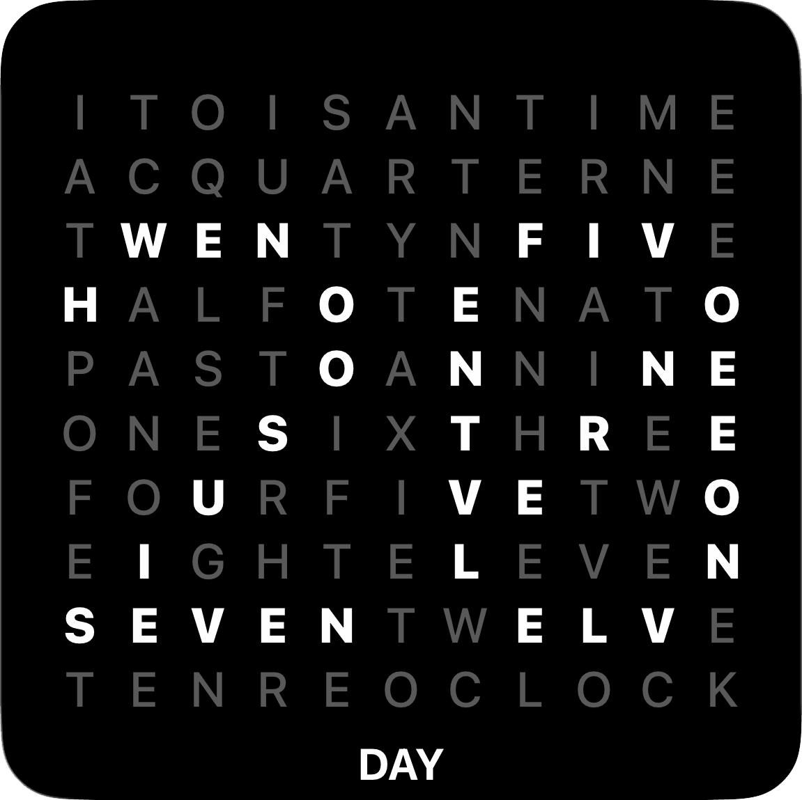 Word Clock Pro day-view widget in black theme