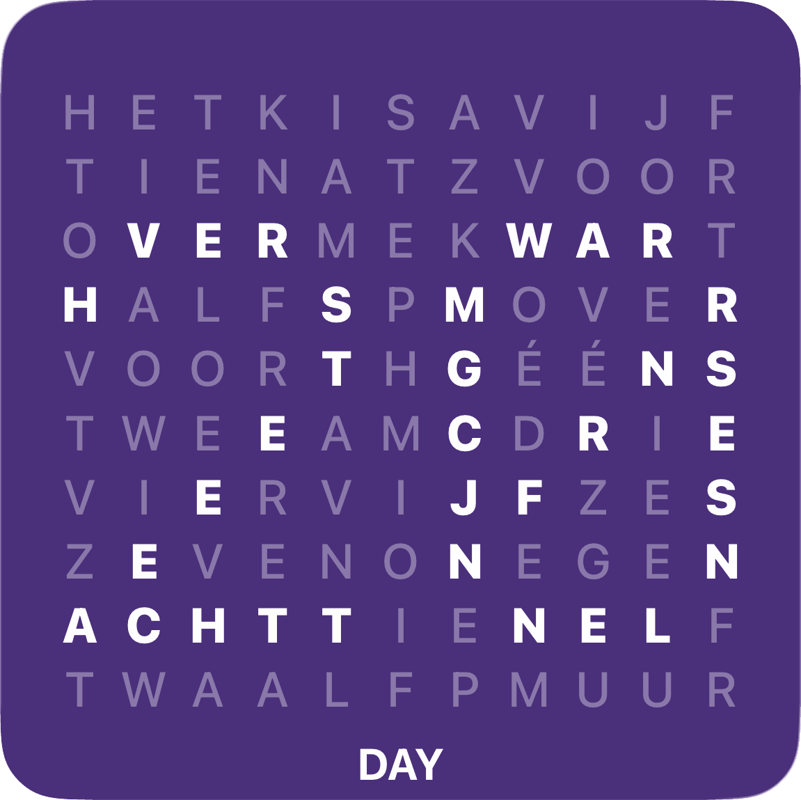 Word Clock Pro day-view widget in Dutch, purple theme