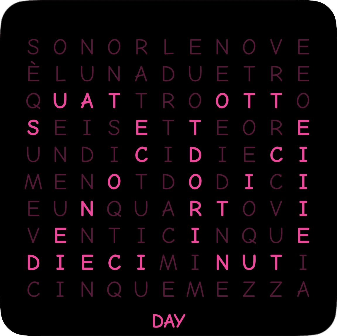 Word Clock Pro day-view widget in Italian, black and pink theme